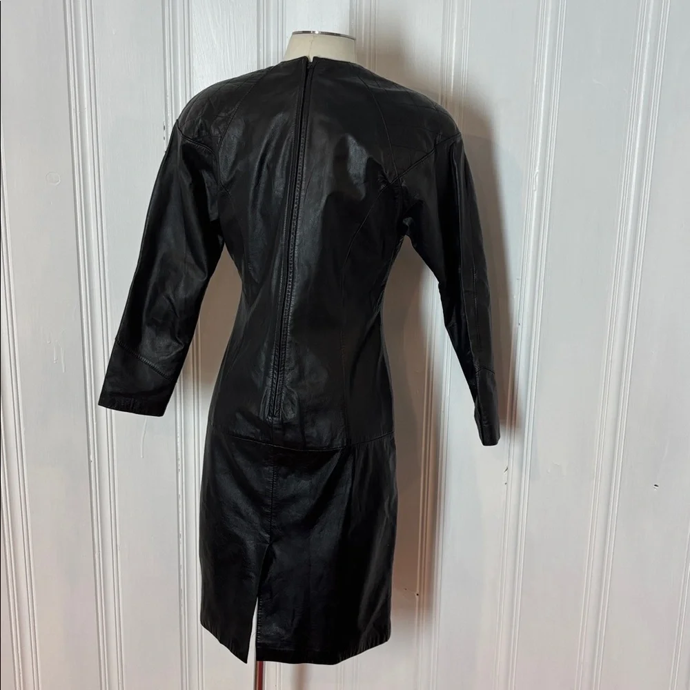 Vintage AMBRIA Black Genuine Leather Fitted Dress | Quilted Shoulders | Size 10 - Picture 3 of 12